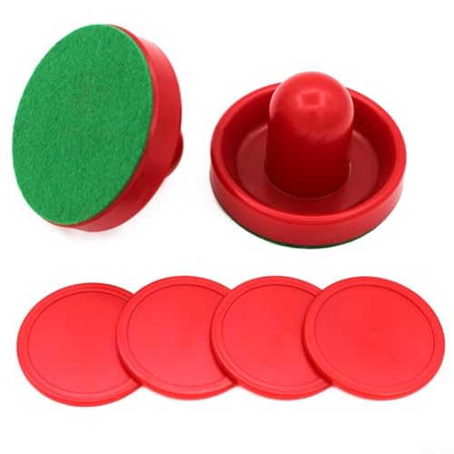 Air Hockey Pushers and Pucks Set, 96mm Red Plastic Mallets with Felt, 64mm Pucks, Replacement Accessories for Indoor Game Tables