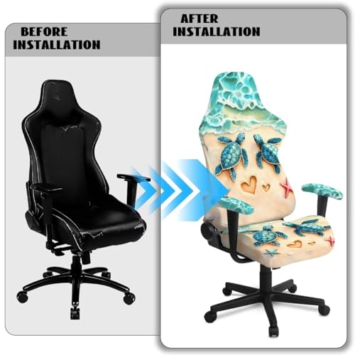 Sea Turtle Print Gaming Chair Covers with Armrest Covers Dust-Proof Universal Fit Gamer Desk Chair Cover for Ergonomic Game Rotating Office Chairs, Easy to Install - color: Brown and Blue - Sea Turtle