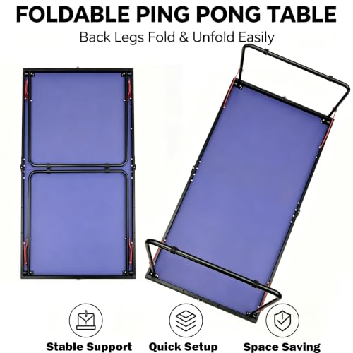 RAKON Foldable Table Tennis Table Portable Ping Pong Table with Net 2 Paddles,3 Balls,Portable Ping Pong Family Game Tables for Outdoor Indoor Use, Blue
