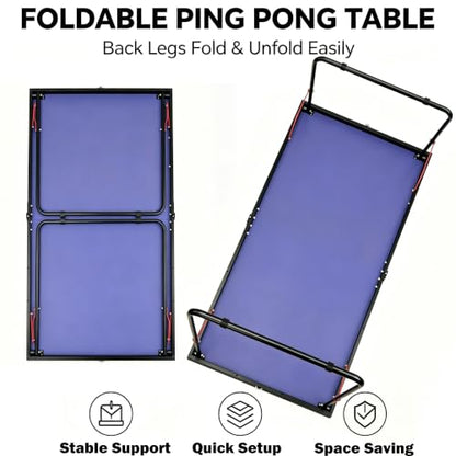 RAKON Foldable Table Tennis Table Portable Ping Pong Table with Net 2 Paddles,3 Balls,Portable Ping Pong Family Game Tables for Outdoor Indoor Use, Blue