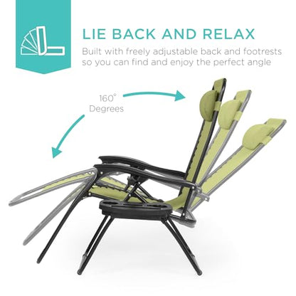 Best Choice Products Set of 2 Adjustable Steel Mesh Zero Gravity Lounge Chair Recliners w/Pillows and Cup Holder Trays - Dusty Green/Black - color: Dusty Green, size: Standard