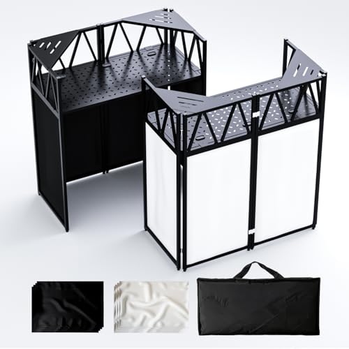 Portable DJ Booth Stand, 40" x 20" x 45" Foldable DJ Table with 8-Piece Black & White Lycra Scrim Facade, 200lbs Capacity Metal Event Booth with Corner Shelves, Cable Ports & Carry Bag - size: 40x20 with Triangle
