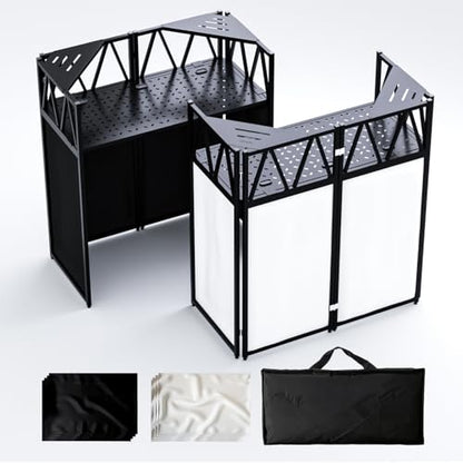 Portable DJ Booth Stand, 40" x 20" x 45" Foldable DJ Table with 8-Piece Black & White Lycra Scrim Facade, 200lbs Capacity Metal Event Booth with Corner Shelves, Cable Ports & Carry Bag - size: 40x20 with Triangle