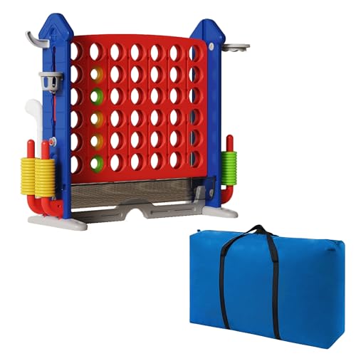 4-to-Score Giant Game Set, 4-in-1 Indoor Outdoor Yard Family Connect Game (4-in-a-Row + Basketball + Ring Toss + Mini Golf), Height Adjustable 2.5–3.3FT, Includes Carry Bag - size: 43"x16"x38"-Blue&Red