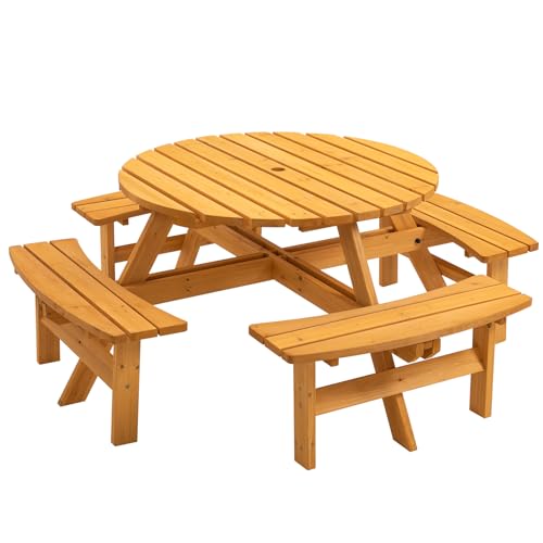 8-Person Round Wooden Picnic Table with Seat, Outdoor Camping Dining Table with 4 Built-in Benches, Natural - color: Natural, size: 8-Person Round