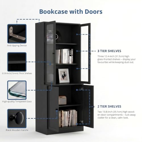 TUSY 71" H Bookshelf with Storage, 6-Tier Modern Bookshelves with 3 Large Drawer, Display Bookcase with Glass Doors, Modern 5-Tier Curio Cabinet for Home Office, Dining Room (Black, AB) - color: Black