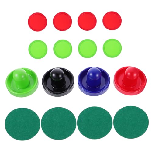 Air Hockey Pushers and Pucks Large Striker with Thick Felt Pads Table Replacement Accessories for Air Hockey Game Includes Blue Black Red Green Pushers and Red Green Pucks