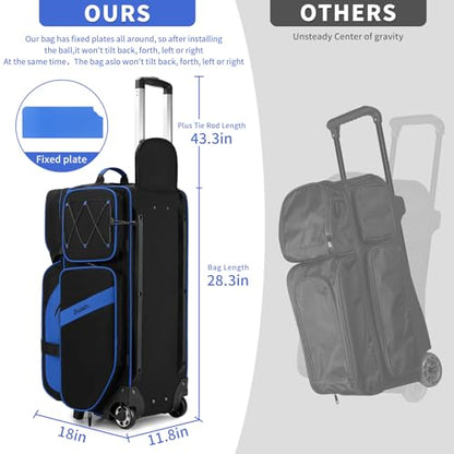 BOSSTIN 3 Ball Bowling Bags with Wheels, Secure Adhesive Fixed Ball Cup & Shoe Compartment, Bowling Ball Bag 3 Ball Roller with Multi-Pockets - color: Blue