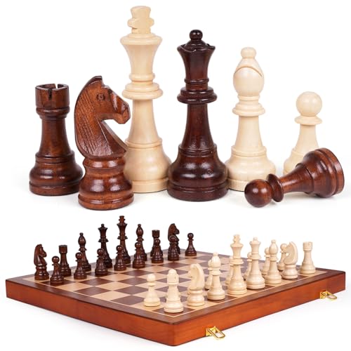 20 Inch Super Large Wooden Chess Set, Hand-Carved Wooden Chess Pieces with 4.5” King, Built-in Storage & 2 Extra Queens, Luxury Folding Tournament Chess Board Game for Adults and Kids