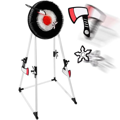Kiddie Play Axe Throwing Game Set with Target 3 Axes and 3 Throwing Stars Indoor & Outdoor Play for Kids and Adults, Black
