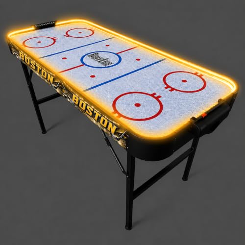 PartyLife 54" Portable Air Hockey Table w/Folding Steel Legs & Optional LED Lights - NEW & Improved - Powerful Motor, Smooth Surface, Very Sturdy - City Team Edition - color: Boston, style: w/ LED Lights