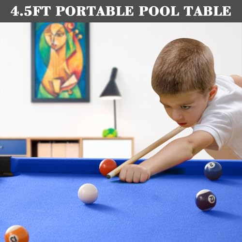Pool Table Set with 2 Sticks 16 Balls Triangle Chalk Brush, Portable Wooden Billiards Game Table for Kids, Indoor Family Party Game Room and Playroom Fun - color: 54 Inch-blue