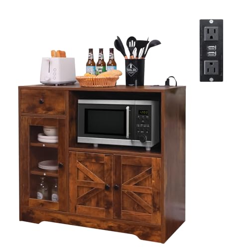 Storage Cabinet with Power Outlet, 35"" Modern Sideboard Buffet Cabinet w/Adjustable Shelf, Wooden Kitchen Cabinet with Open Shelves for Living Room, Dining Room, Kitchen, Brown, 1 PCS - color: Brown, style: Microwave Cabinet