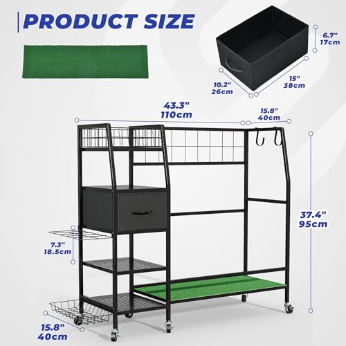 Golf Bag Organizer Storage Rack, Rolling Golf Storage Organizer for Garage, Golf Equipment Holder with Wheels, Turf Mat, Carbon Steel - size: 43.3 in (L) x 15.8 in (W) x 37.4 in (H)