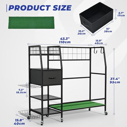 Golf Bag Organizer Storage Rack, Rolling Golf Storage Organizer for Garage, Golf Equipment Holder with Wheels, Turf Mat, Carbon Steel - size: 43.3 in (L) x 15.8 in (W) x 37.4 in (H)
