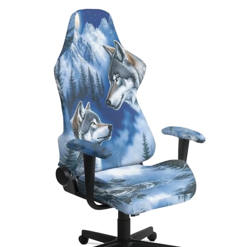 Wolf Print 4Pcs Gaming Chair Cover Set Comfortable Breathable Computer Office Chair Cover with Armrest Covers Universal Fit for Desk/Swivel/Rotating Chairs Protector - color: Blue - Wolf