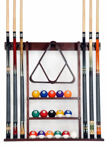 Pool Cue Rack - Billiard Pool Stick and Ball Holder Only - 100% Wood Wall Mount Holds 6 Cues and 16 Balls - Pool Table Accessories, Mahogany