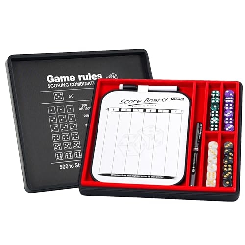 Dice Tray and Storage Case for Farkle Game - Includes Embedded Scoring Combinations, 4 Sets of 6 Pearl Dice, 50 Sheet Score Pad and Pen Holder for The Classic Family Game - Red and Black - color: Red and Black