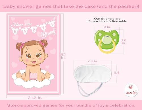 Party Hearty Pin the Pacifier on the Baby, Baby Shower Game - Pink Girl | 1 Large Poster, 56 Colorful Binky Stickers, 1 Blindfold & Double-Sided Tape - color: Girl Pink - Pin the Binky