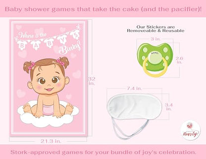 Party Hearty Pin the Pacifier on the Baby, Baby Shower Game - Pink Girl | 1 Large Poster, 56 Colorful Binky Stickers, 1 Blindfold & Double-Sided Tape - color: Girl Pink - Pin the Binky