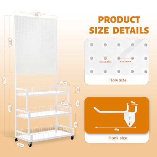Eastern Tree 3 Tiers Metal Pegboard Display Stand with Pegboard Panel, Standing Pegboard Display Rack, Peg Board Panels, Art Display and Retail Display Stand with 20 Hooks - White - color: White