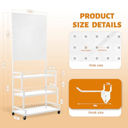 Eastern Tree 3 Tiers Metal Pegboard Display Stand with Pegboard Panel, Standing Pegboard Display Rack, Peg Board Panels, Art Display and Retail Display Stand with 20 Hooks - White - color: White