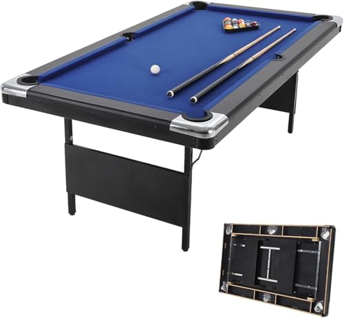 7 Foot Pool Table for Family, Foldable No Assembly Pool Table with Balls, Cues, Chalk, Rack & Brush, Portable Billiards Game Table for Apartment, Basement, Office & Game Room - size: Blue-6FT