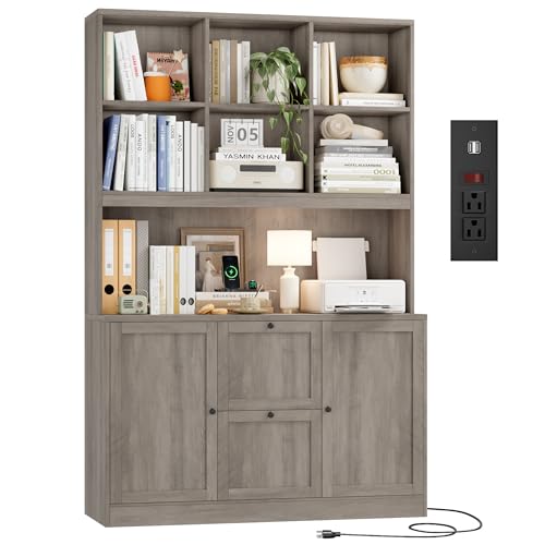 HIFIT 72'' Tall File Bookcase with Power Outlet & Printer Stand, 2 Drawer File Cabinets for Home Office Hanging Letter/A4 File, Storage Cabinet with 3 Tier Book Shelf & Doors For Living Room, Ash Grey - color: Ash Grey