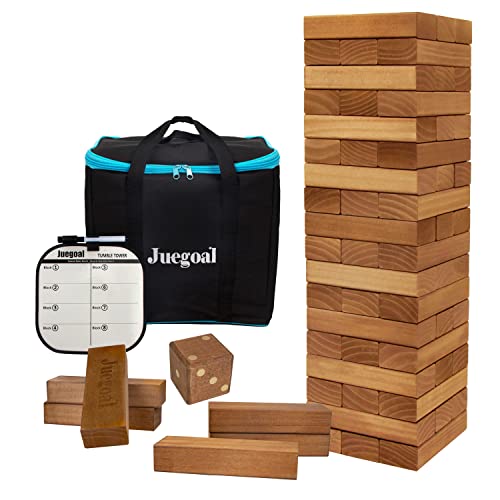 Juegoal 54 Pieces Giant Tumble Tower Blocks Game Giant Wood Stacking Game with 1 Dice Set, Gameboard, Canvas Bag for Adult, Kids, Family, Brown - color: Brown, size: Large