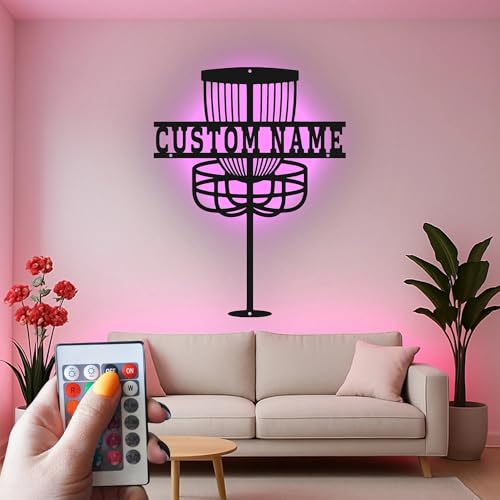 Custom Disc Golf Basket Led Light Metal Wall Art Personalized Gift for Disc Golfers Game Room or Outdoor Decor