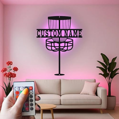 Custom Disc Golf Basket Led Light Metal Wall Art Personalized Gift for Disc Golfers Game Room or Outdoor Decor