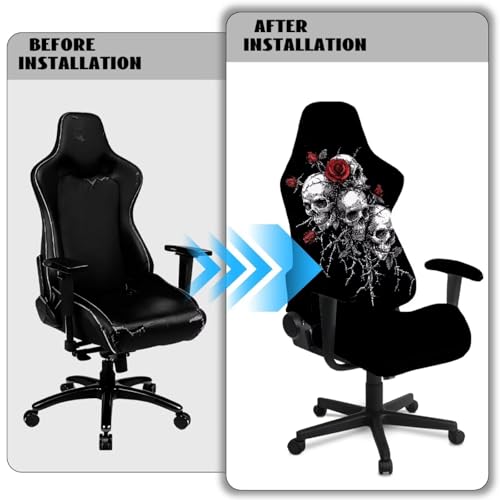 Skull Rose Printed 4 Pieces Gaming Chair Slip Cover Set Dust-Proof Elastic Game Chair Cover with Armrest Covers, Universal Fit, Machine Washable, Home Decor - color: Black and Grey - Skull Rose