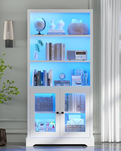 TVU 5-Tier Bookshelf, 65" Bookshelf with Multi-Color Ambient Lights (APP Remote Control), Tall Vertical Display Shelf with Cabinet Doors, Suitable for Living Room, Bedroom, Study, Office, White - color: White