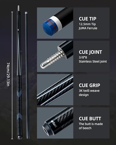 CRICAL Carbon Fiber Pool Cue Stick 58" Billiard Cue Sticks Professional Low Deflection Pool Sticks with 3/8 * 8 Pin Joint and 12.5mm Tip - color: 001-CL01(Pro Taper)Set