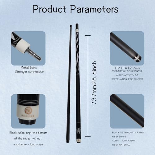 58" 19-20oz 2-Piece Carbon Pool Cue Stick 11.8mm Tip Billiard Carbon Fiber Clue, Billiard Supplies 1/2 Joint Handmade Straight Fit Ball/Black Eight, Nine Balls 19-20oz (Play Cue) - color: Black