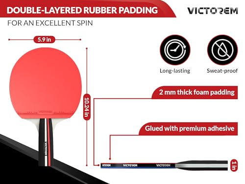 VICTOREM Table Tennis Paddles Set of 4 - Professional Ping Pong Paddles Set with Rubber & Ergonomic Handle for Enhanced Control & Spin - Speed & Control for Ultimate Performance with 8 Balls Included