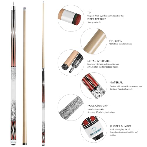 HomeSeason Pool Cue Stick 58" Billiard Cue Sticks 3D Printed Grip Professional Low Deflection Pool Sticks Maple Wood Pool Sticks 13mm Tip - color: 18oz with bag
