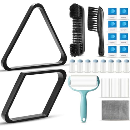 22 Pcs Pool Table Brush Set Wooden Billiard Rack 8 or 9 Ball Triangle Diamond for 2-1/4" Pool Ball with Polish Cloth Sticky Lint Roller Cue Chalk Cube Accessories - color: Black