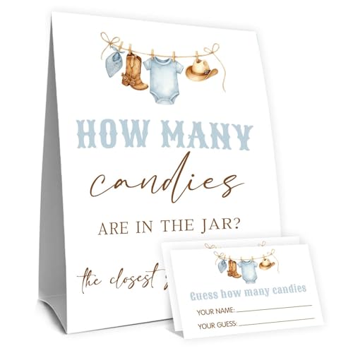 Cowboy Birthday Party Decorations,Rodeo Baby Shower Games,Cowboy Guess How Many Baby Shower Game,How Many Candies,Birthday Party Game & Activities 50 Cards And Sign - size: cowboy