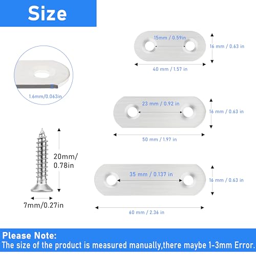 32 Pcs Flat Plate Straight Bracket Flat Metal Brace,Metal Fixed Connecting Plate,60mm Stainless Straight Braces for Furniture Support,with 64 Pcs 304 SS Screws - size: 60mm / 32 Pcs