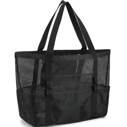 GYEUKHAM Mesh Beach Bag for Women, Sand-Resistant Pool Tote, 9 Pockets (1 Inner Zip), Foldable Family Travel Essentials - color: L-black