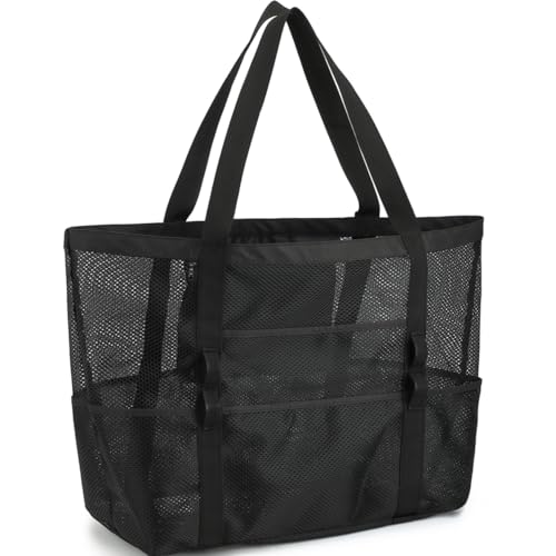 GYEUKHAM Mesh Beach Bag for Women, Sand-Resistant Pool Tote, 9 Pockets (1 Inner Zip), Foldable Family Travel Essentials - color: L-black