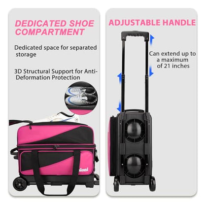 Goloni 3 Ball Bowling Bag with Wheels, 2+1 Double Roller Bowling Bag with Shoe Compartment,Tote Bag for Bowling Accessories - color: 3 Ball-Pink