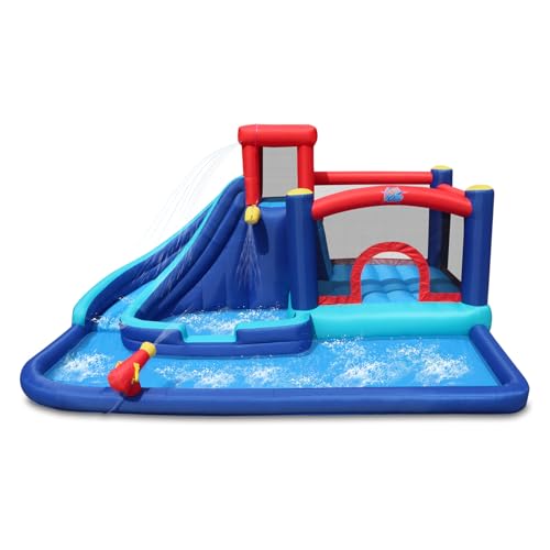 Action Air Inflatable Water Slide for Kids, Backyard Water Park with Big Bouncy Area, Splash Pool, Long Slide, Water Cannon & Sprinkler, 193x138x91 Inch Outdoor Bouncy Castle for Summer Party Fun - color: All in One Bounce Park