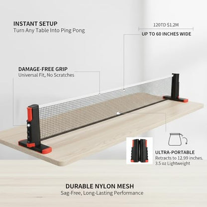 Retractable Table Tennis Net Set, Portable Nylon Ping Pong Net for Flat Surfaces, Damage-Free Setup - color: Gold