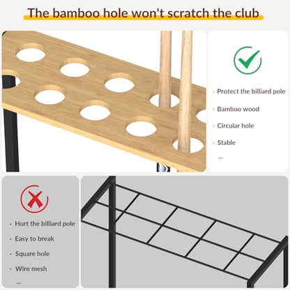 YBING Pool Stick Holder - Pool Cue Stand Hold up to 10 Cues Sticks Billiard Pool Cue Holder Cue Stick Rack Pool Table Accessories for Game Room Billiard Clubs, Natural Bamboo - color: Natural Bamboo