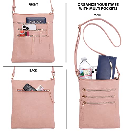 Solene Crossbody Bag Functional Multi Pocket Messenger Purse Top Zip Closure Shoulder Handbag With Adjustable Strap - color: Rose Pink