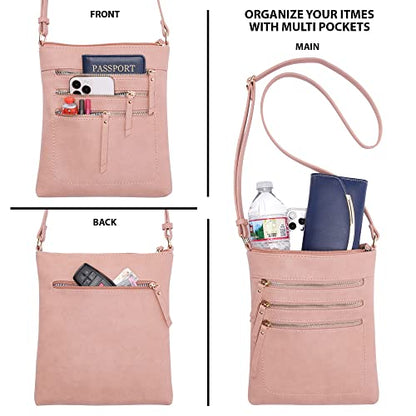 Solene Crossbody Bag Functional Multi Pocket Messenger Purse Top Zip Closure Shoulder Handbag With Adjustable Strap - color: Rose Pink