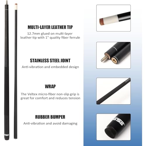 GSE Games & Sports Expert 58" 2-Piece Fiberglass Graphite Composite Billiard Pool Cue Sticks (Several Colors Available, Weight from 18oz, 19oz, 20oz, 21oz) - color: Matte Black, style: 18oz