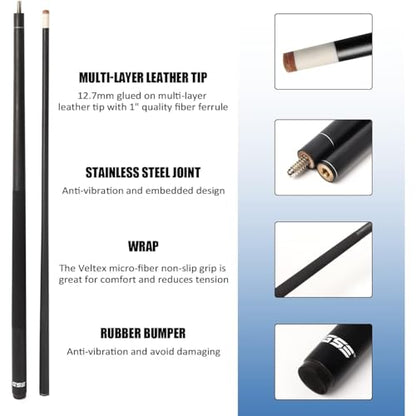 GSE Games & Sports Expert 58" 2-Piece Fiberglass Graphite Composite Billiard Pool Cue Sticks (Several Colors Available, Weight from 18oz, 19oz, 20oz, 21oz) - color: Matte Black, style: 18oz